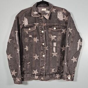 Blue Buttercup Women's Star Denim Jacket Distressed 100% Cotton Size L
